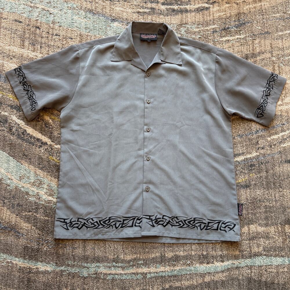 Men's Vintage y2k Sapphire Lounge Gray Tribal Button Up Short Sleeve Shirt Sz L